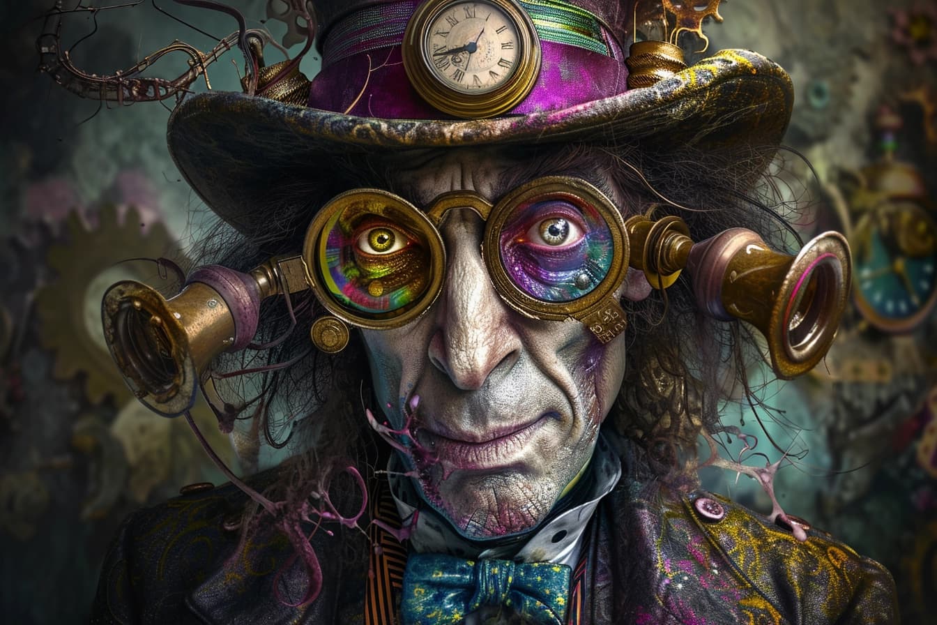 AI generated: Steampunk Wille Wonka, raw colors, chipotized, Tim Burton style, photo-realistic, intricate details ...