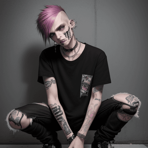 AI generated: male delinquent street punk in emo style clothes holding up the middle finger, looking at viewer, 1b...