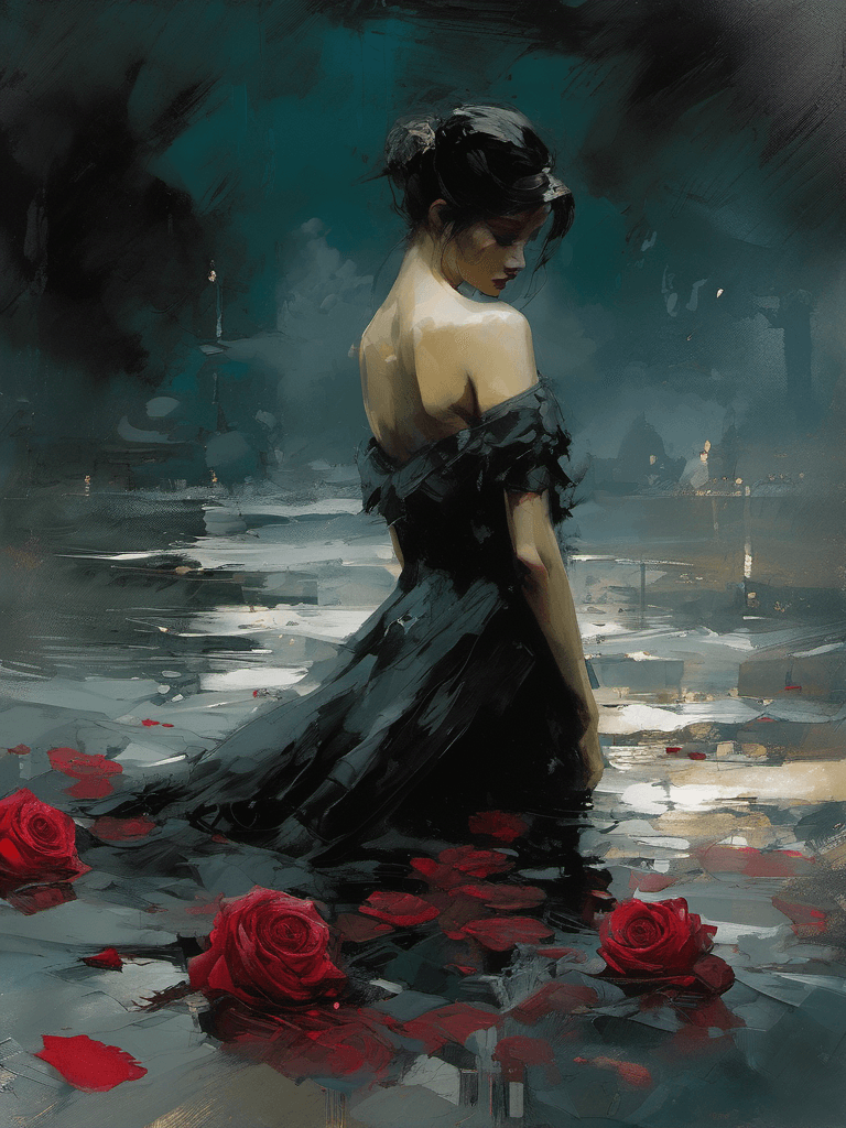 AI generated: captured by love, dark tones, nostalgic, gloomy, roses, elegant, heartbreaking, drama, gloomy, emoti...