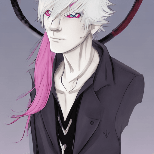 AI generated: V1v404, anime guy, stylised, white hair, pink eyes