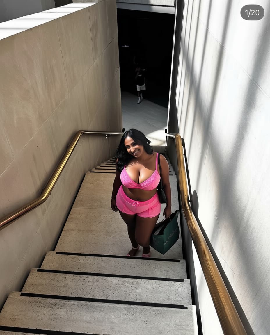 AI generated: Can you give her a tiny pink victoria secret lingerie set and make her chest bigger