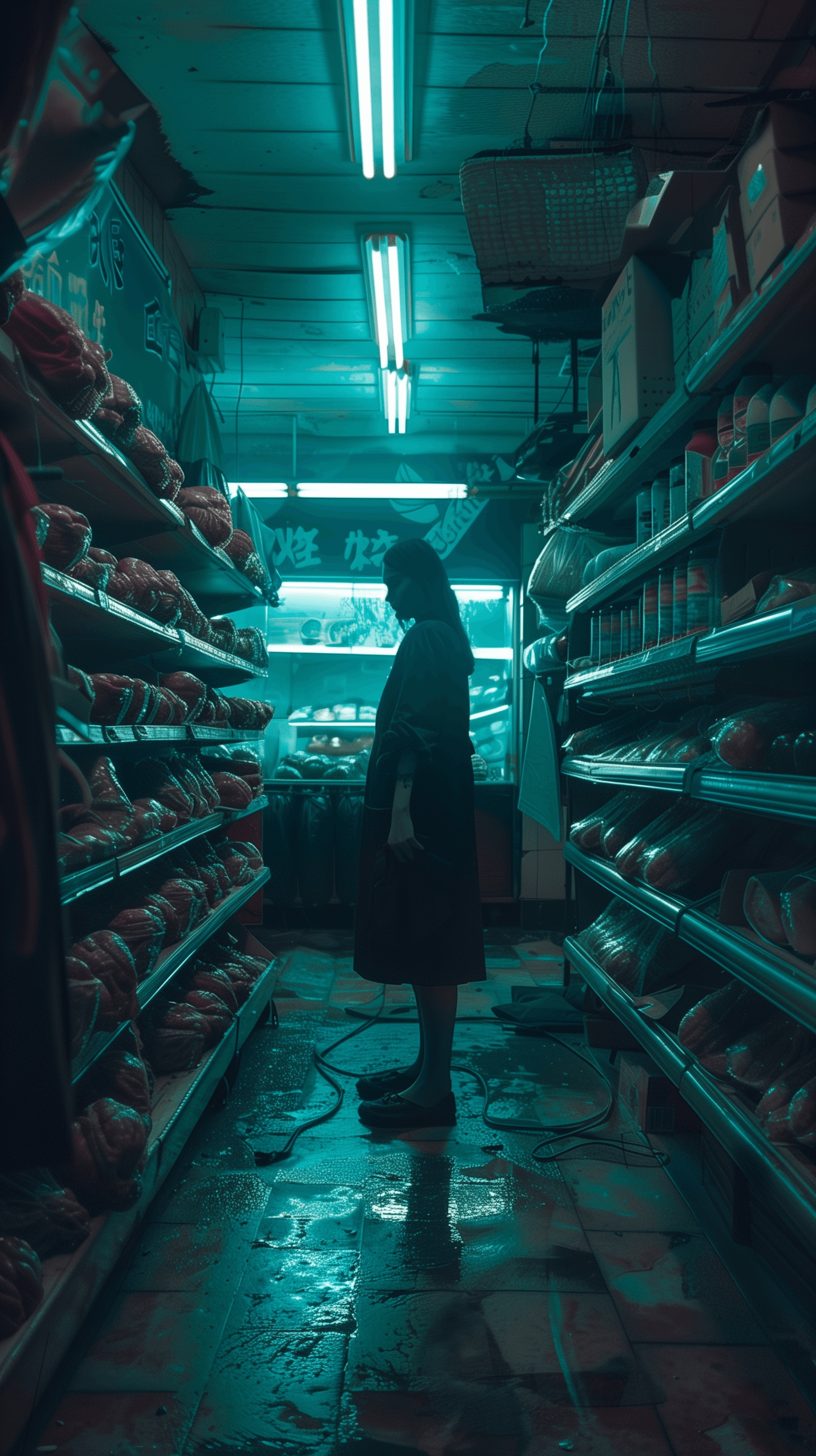 AI generated: imagine a grocery store's vegetable section, standing woman, full body, spooky, melancolía, shelves ...