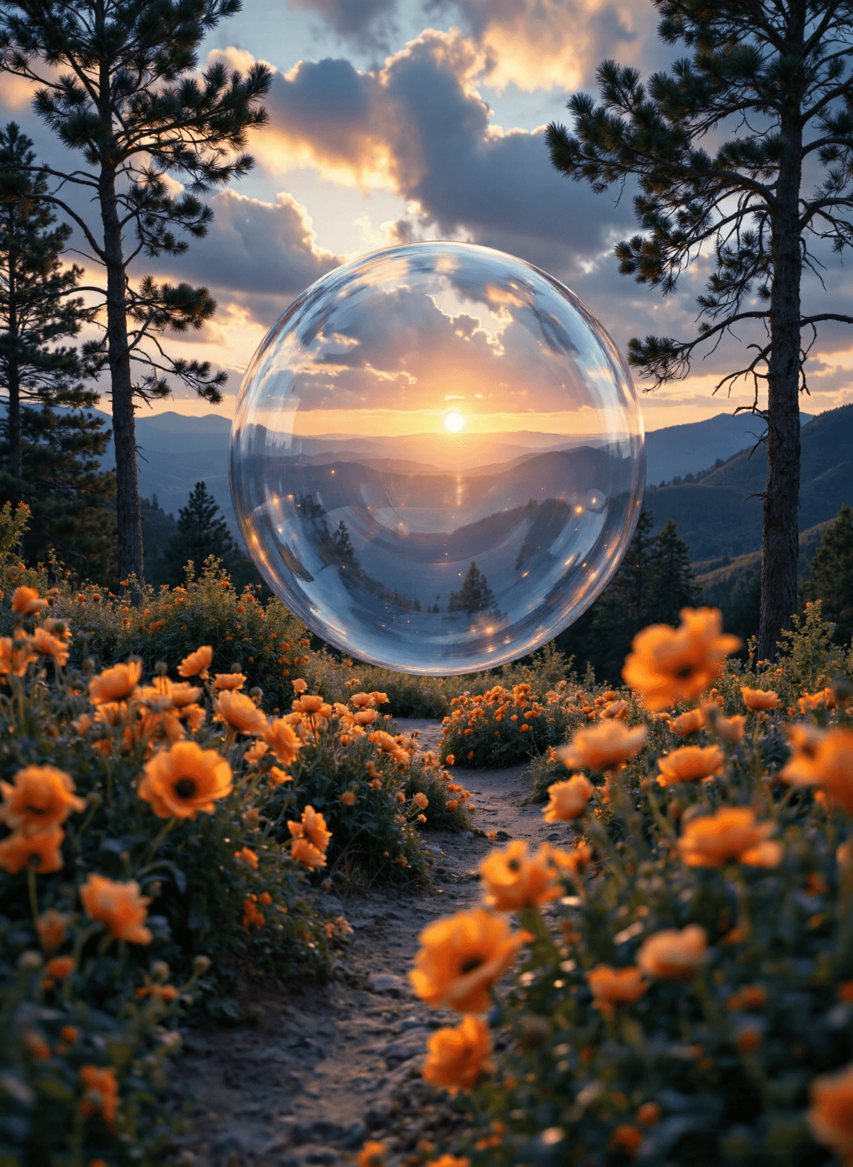 AI generated: The image depicts a serene landscape scene during sunset or sunrise. The sky is filled with dramatic...