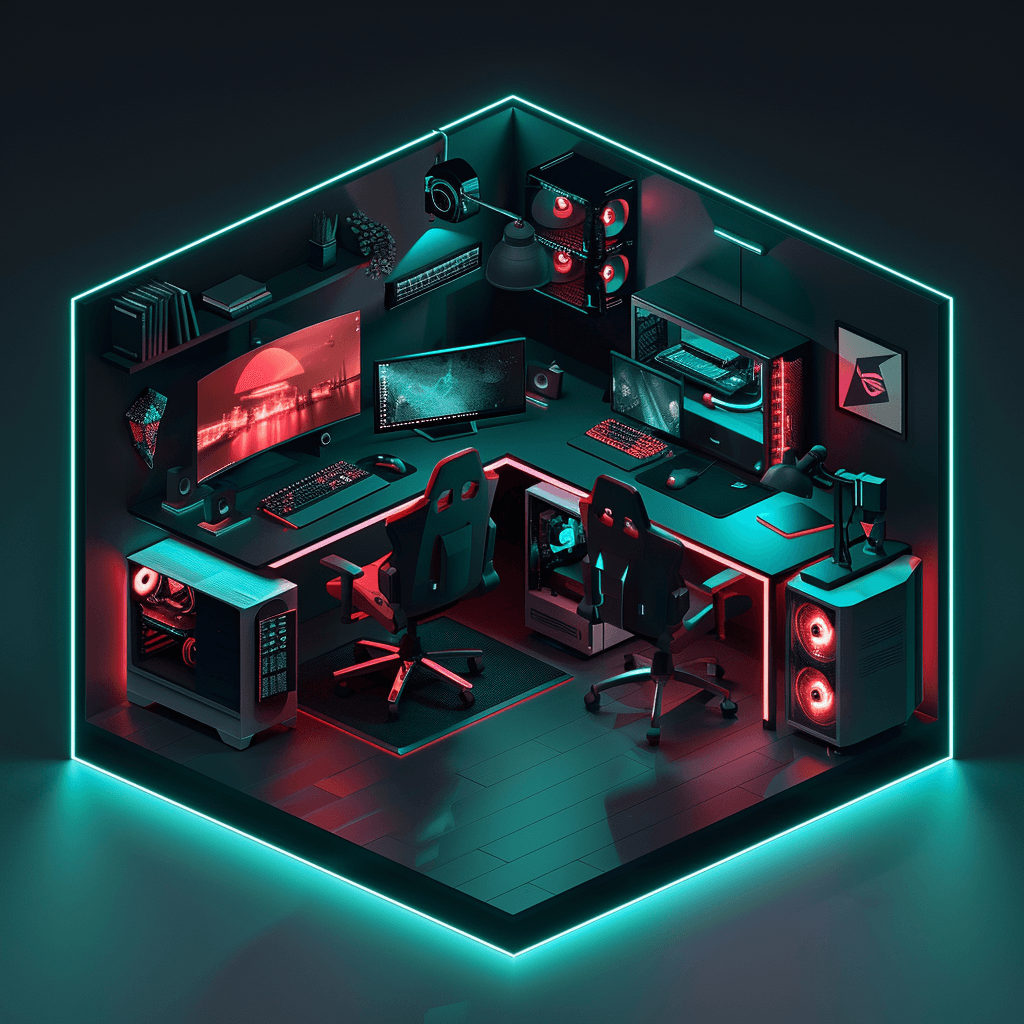 AI generated: Gamer room, isometric style, 3D, LED lights around walls, desk and cyan PC. Dark crimson and emerald...