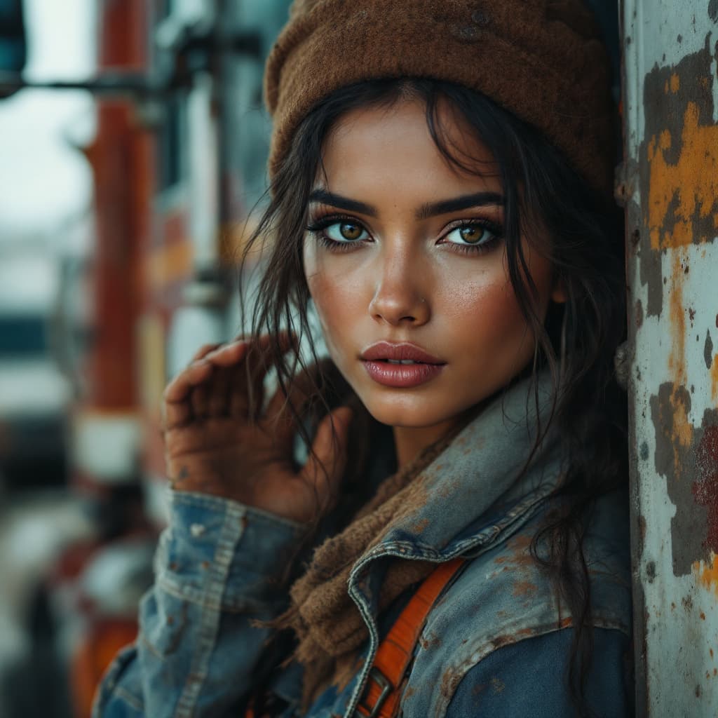AI generated: full body photo portrait of a gorgeous indian female dressed as truck driver, truck in background, a...