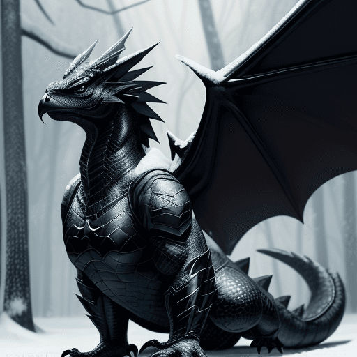 AI generated: side front,handsome cute black dragon in snowy forest, wearing batman jacket, dnd character, backgro...