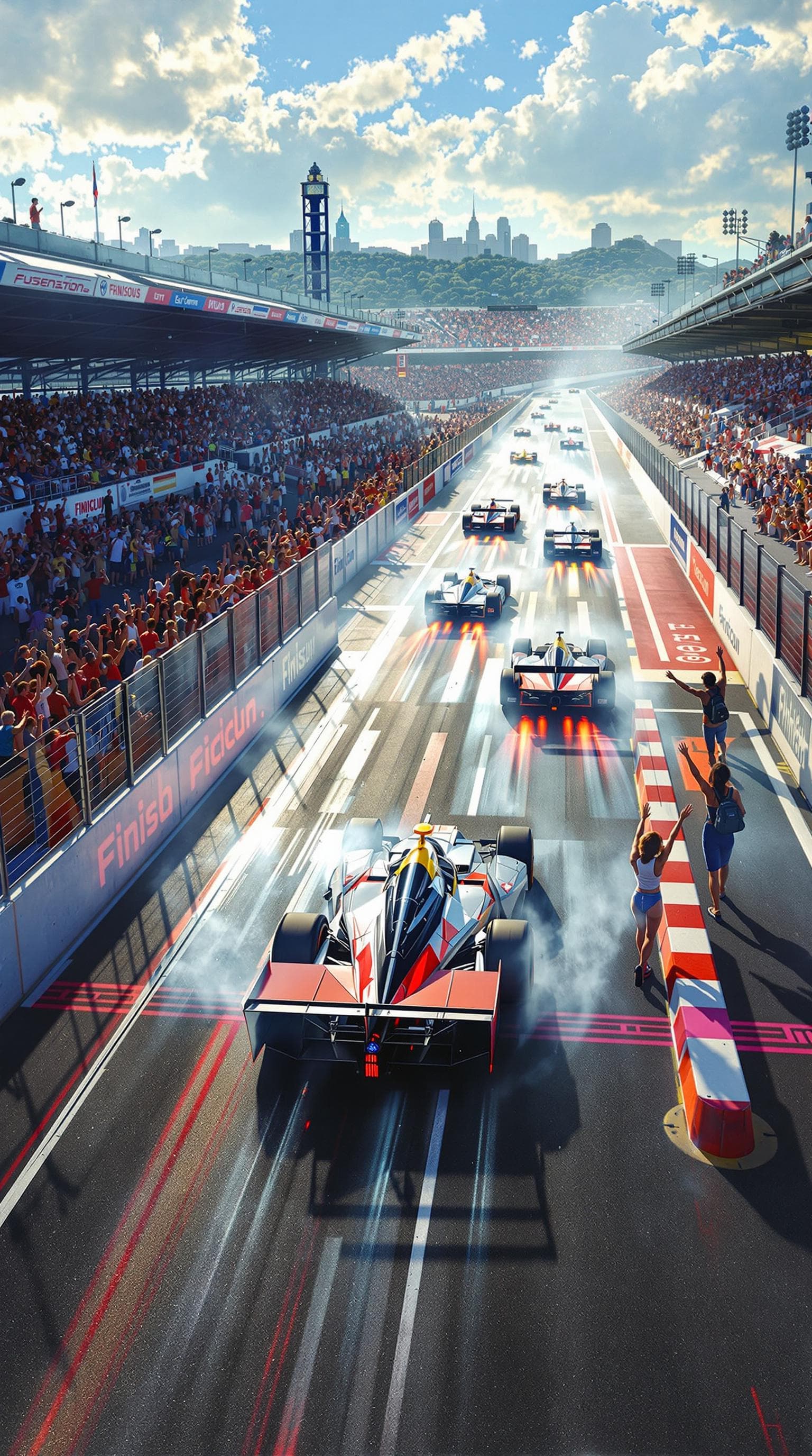 AI generated: Summer.      The tension increases. The leading racing car crosses the finish line.  Several more ca...