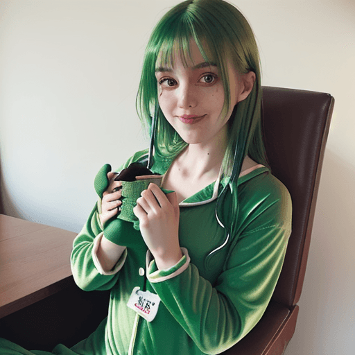 AI generated: green haired girl wearing green onesie pajamas and green mittens, in high chair