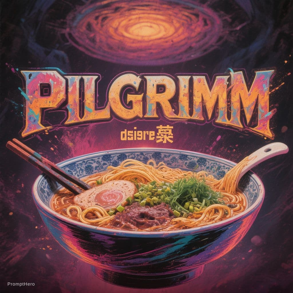 AI generated: Text 'PILGRIMM' with 'desire' in kanji under the M's, text font 'grindcore', text color 'gradient mi...