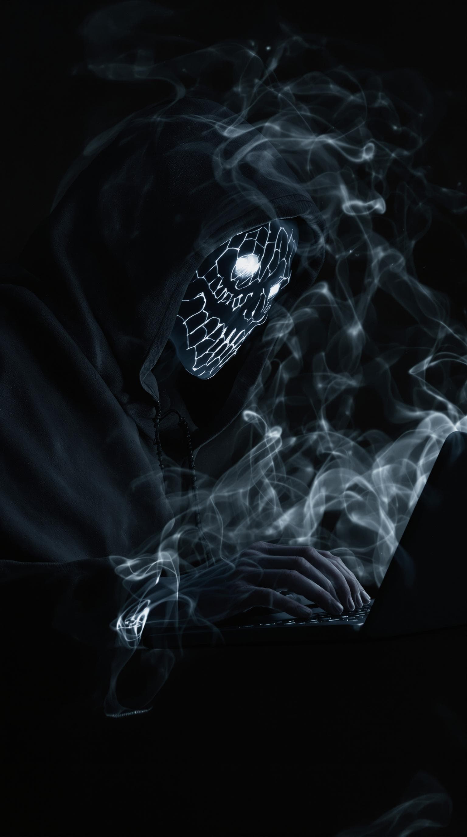 AI generated: A ghostly figure using a laptop, photorealistic, highly detailed, high contrast
