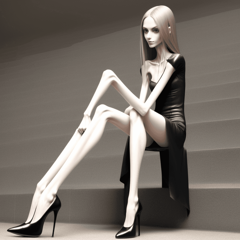 AI generated: very skinny anorexic legs  in high heels, high heels, sitting, the tips of the shoes are very long t...