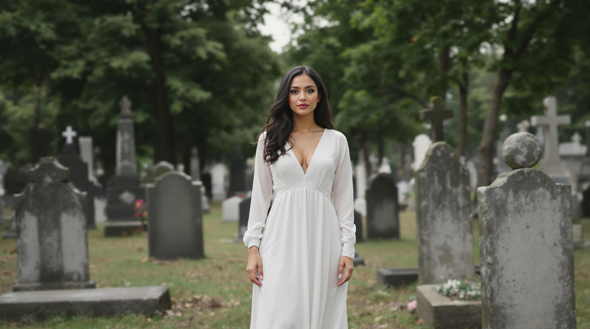 AI generated: The image depicts a woman in a white dress standing in a graveyard, surrounded by tombstones and tre...