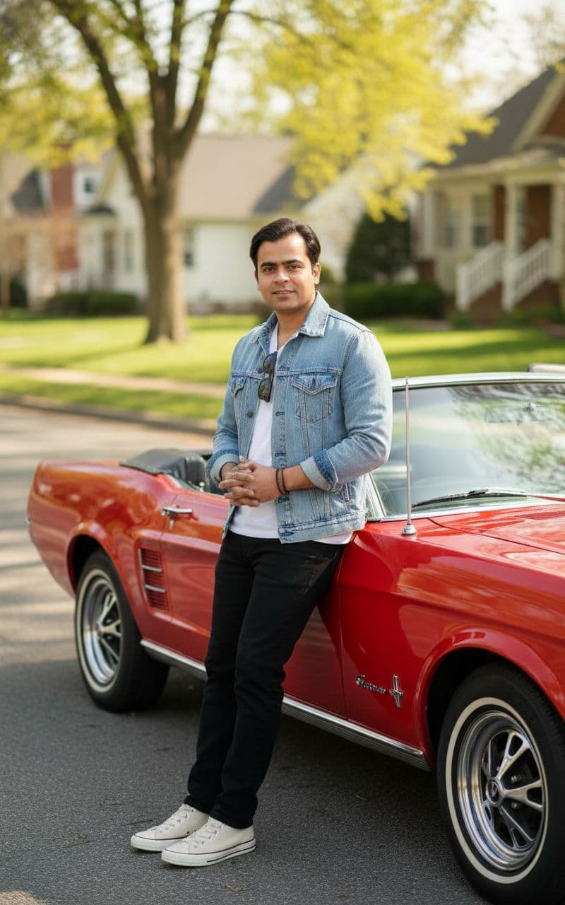 AI generated: Subject: A friendly late-20s man. Clothing: Light wash denim jacket (type II style), plain white t-s...
