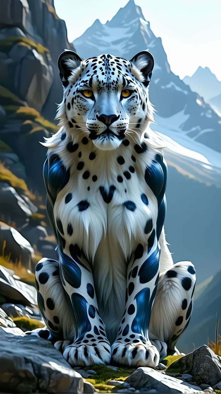 AI generated:  elemental being, half snow leopard and half woman, full body, realistic fur, Human features, lookin...
