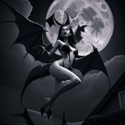 AI generated: Manananggal, female half-body (no lower body part) monster with bat-like wings and fangs, flying nea...