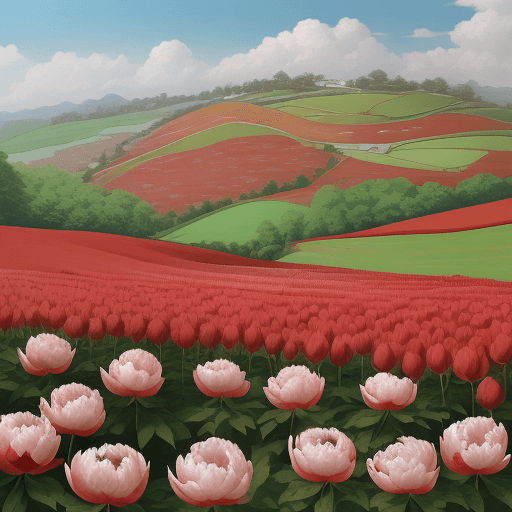 AI generated: Landscape with red peony flowers