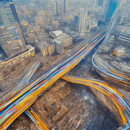 AI generated: bird eye view, Artistic Brilliance, Spellbinding, Prodigious Capture, Bullet Train on a Indian Bustl...