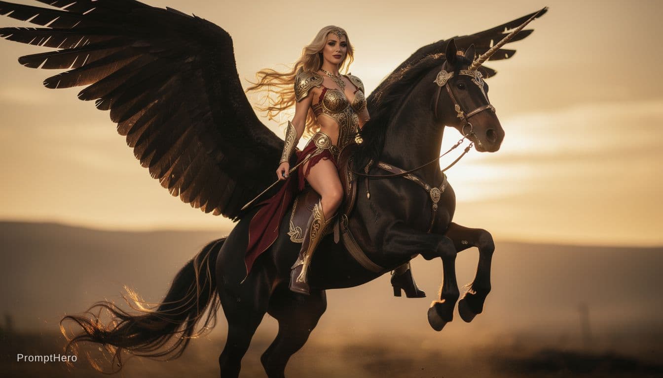 AI generated: Ultra photorealistic glamorous magazine centerfold photograph of a majestic black winged unicorn rea...