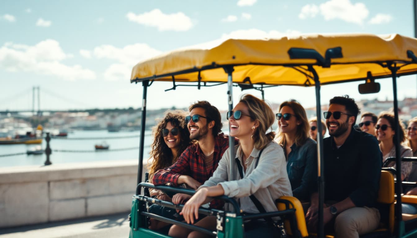 AI generated: A photograph of a group of people in a Tuktuk in Lisbon doing a sightseeing tour on a company retrea...