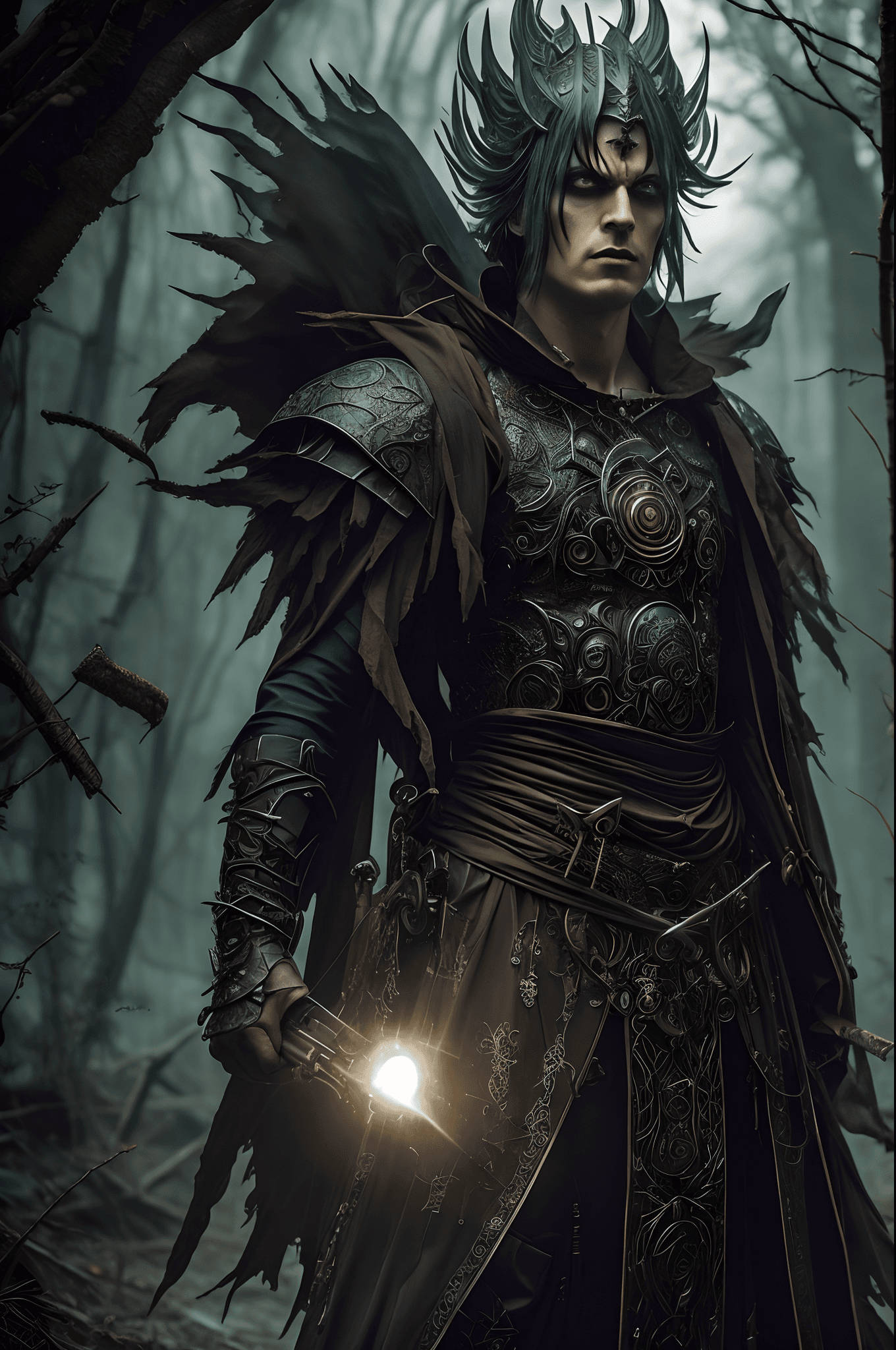 AI generated: Epic scene with a dark elf,glowing,misty,uhd photorealisitc authentic psychotic,angry madman,who wea...