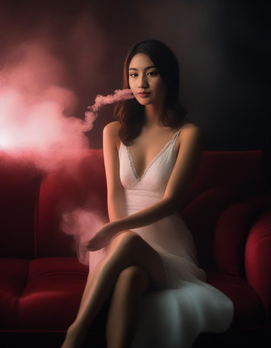 AI generated: photography, dimly lit room with a hazy atmosphere, capturing a female figure lounging on a deep cri...