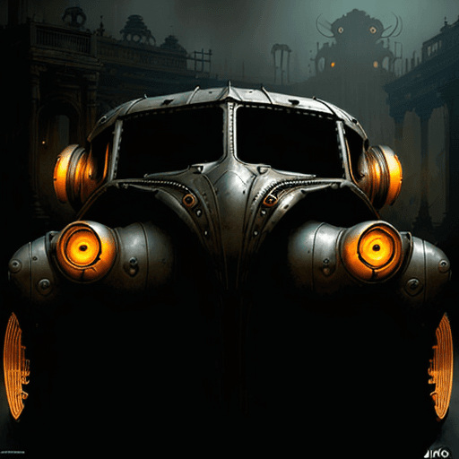 AI generated: Wide shot of a minimal biomechanical steampunk vehicle reminiscent of 40s car 1940, with robotic par...