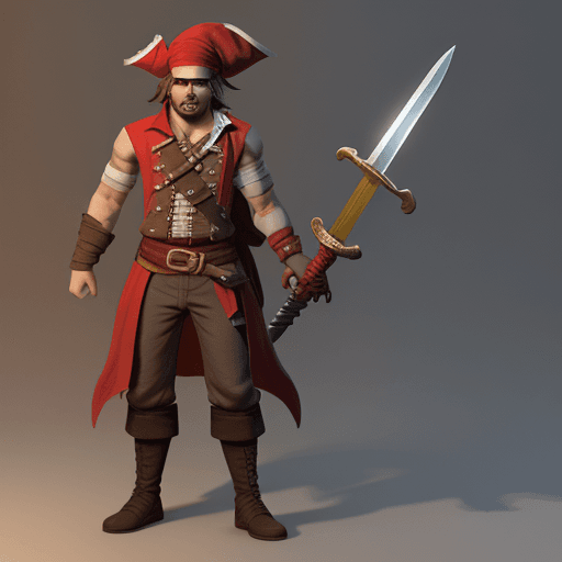 AI generated: a character for the game, a pirate, in a red bandage, without one leg, a sword in his hand, a three-...