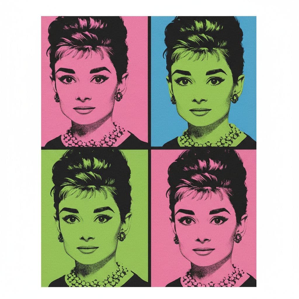 AI generated: Audrey Hepburn, in the style of Andy Warhol, simple background, pink, green, blue, and black colors ...