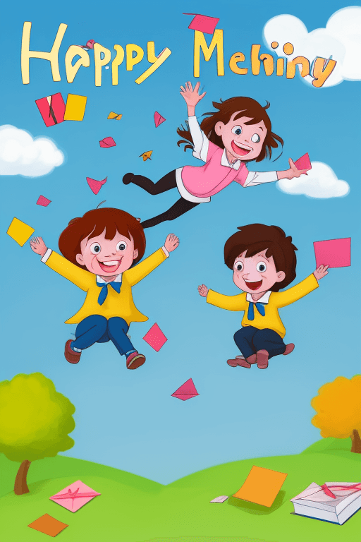 AI generated: happy children meeting, studying, writing, flying letters, cartoon, 