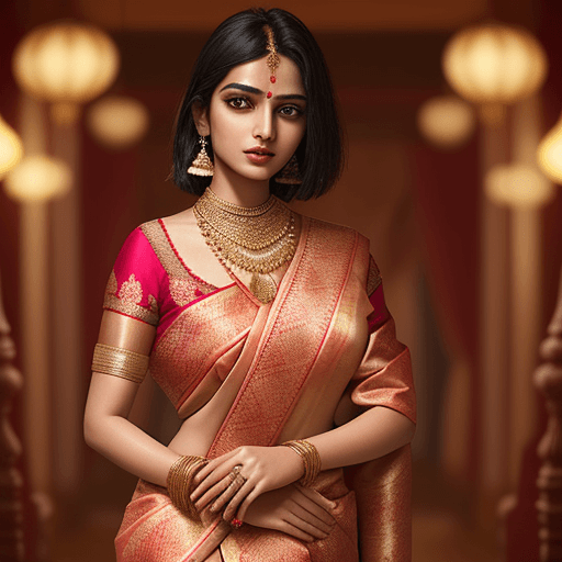 AI generated: A female wearing on an expansive silk saree adorned with Indian-style lace, embodying the essence of...