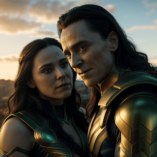 AI generated: Photo of an ultra realistic Loki(from Thor 1) with a woman, romantic, dramatic light, golden hour, 4...