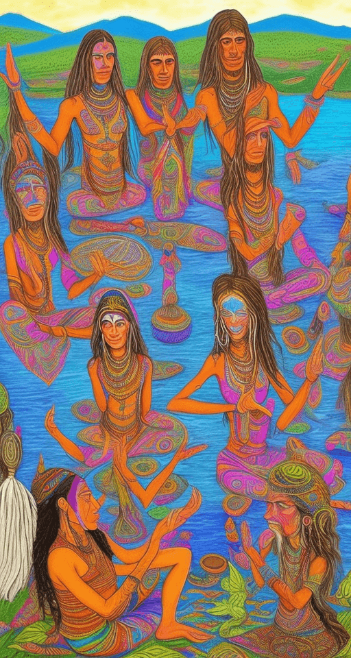 AI generated:  Psychedelic shamanic group of people near lake in Georgia. Man and beautifil spiritual 
women. They...