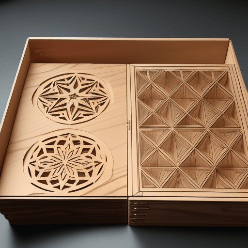 AI generated: Wooden box, laser cut, Sixfold sides
