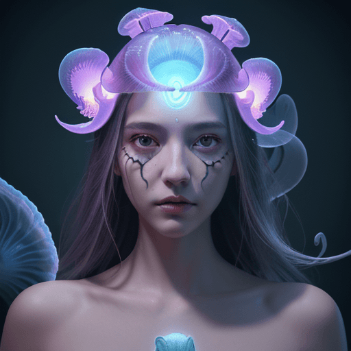 AI generated: Goddess close-up portrait ribcagel. jellyfish phoenix head, nautilus, orchid, skull, betta fish, bio...