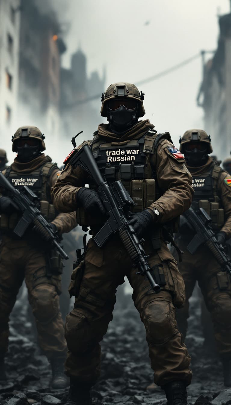 AI generated: Create the image of five American soldiers and 5 Russian soldiers in full combat gear, each holding ...