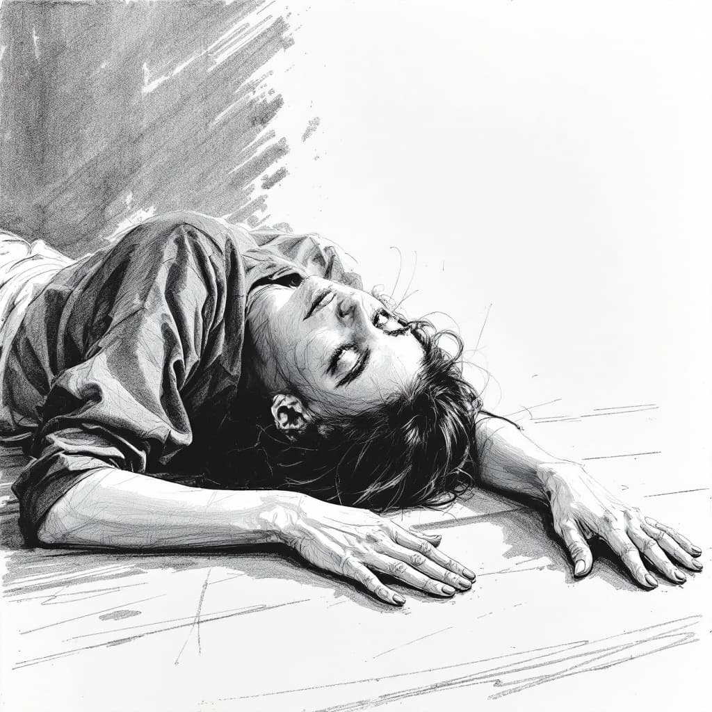 AI generated: a woman laying on the floor with her hands on the floor, drawing, sketch, pencil drawing, smudges