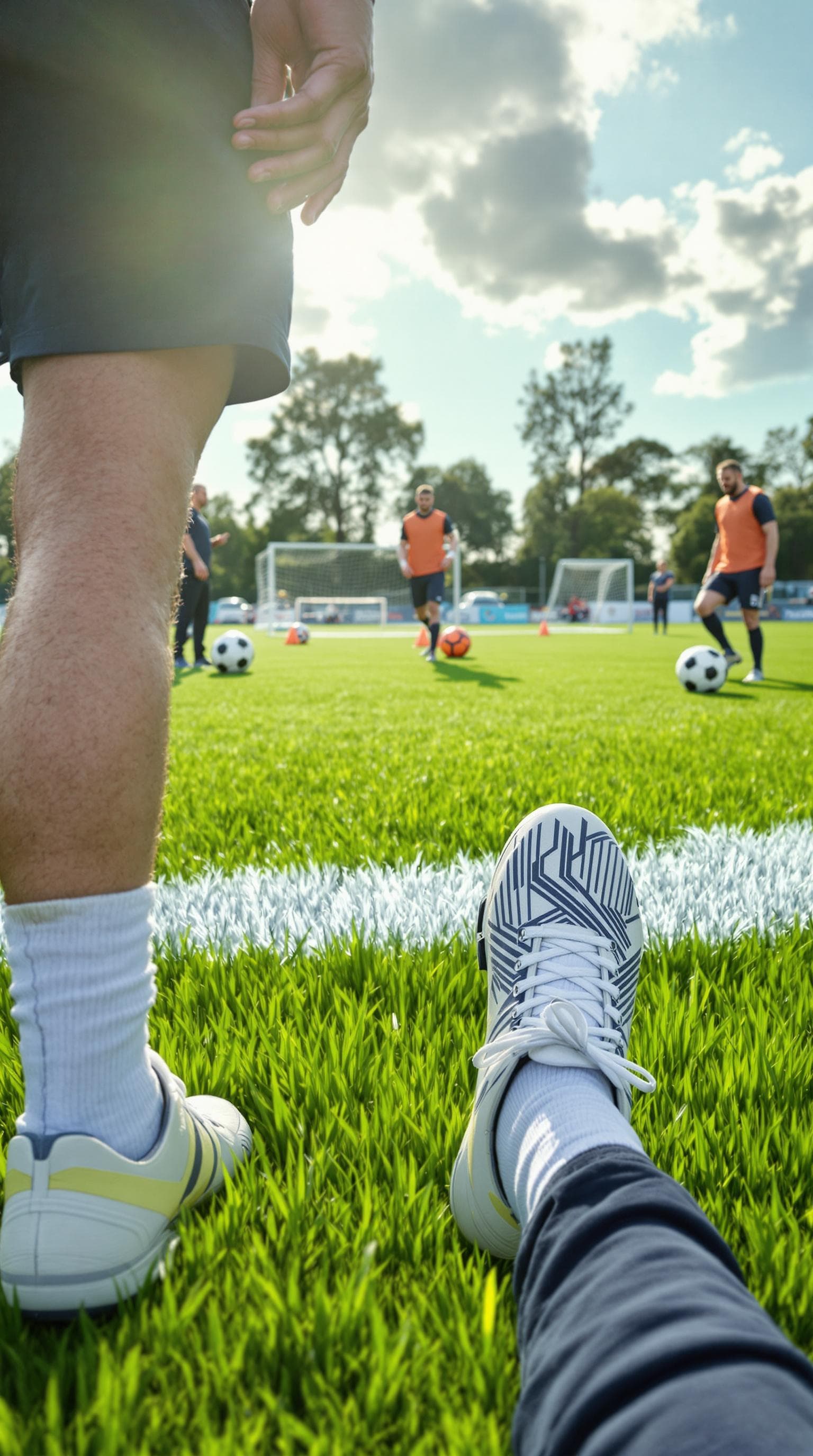 AI generated: "A first-person perspective of a professional footballer stepping onto the lush green training pitch...