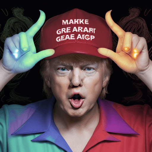 AI generated: donald trump  on a psychedelic trip with an open mouth and glowing eyes, with the make america great...
