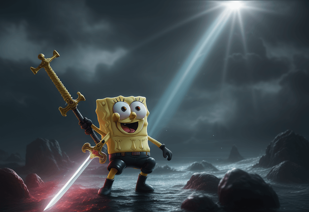 AI generated: Spongebob is the mightiest god with a sword, red eyes, heroic pose action, divine and celestial ligh...