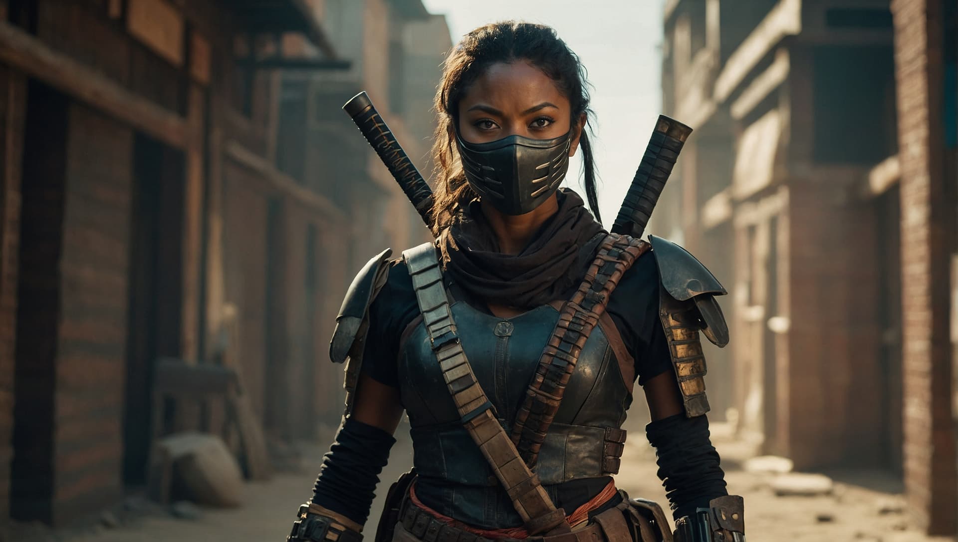 AI generated: This female bounty hunter is a true work of art, with a striking blend of African and Asian features...