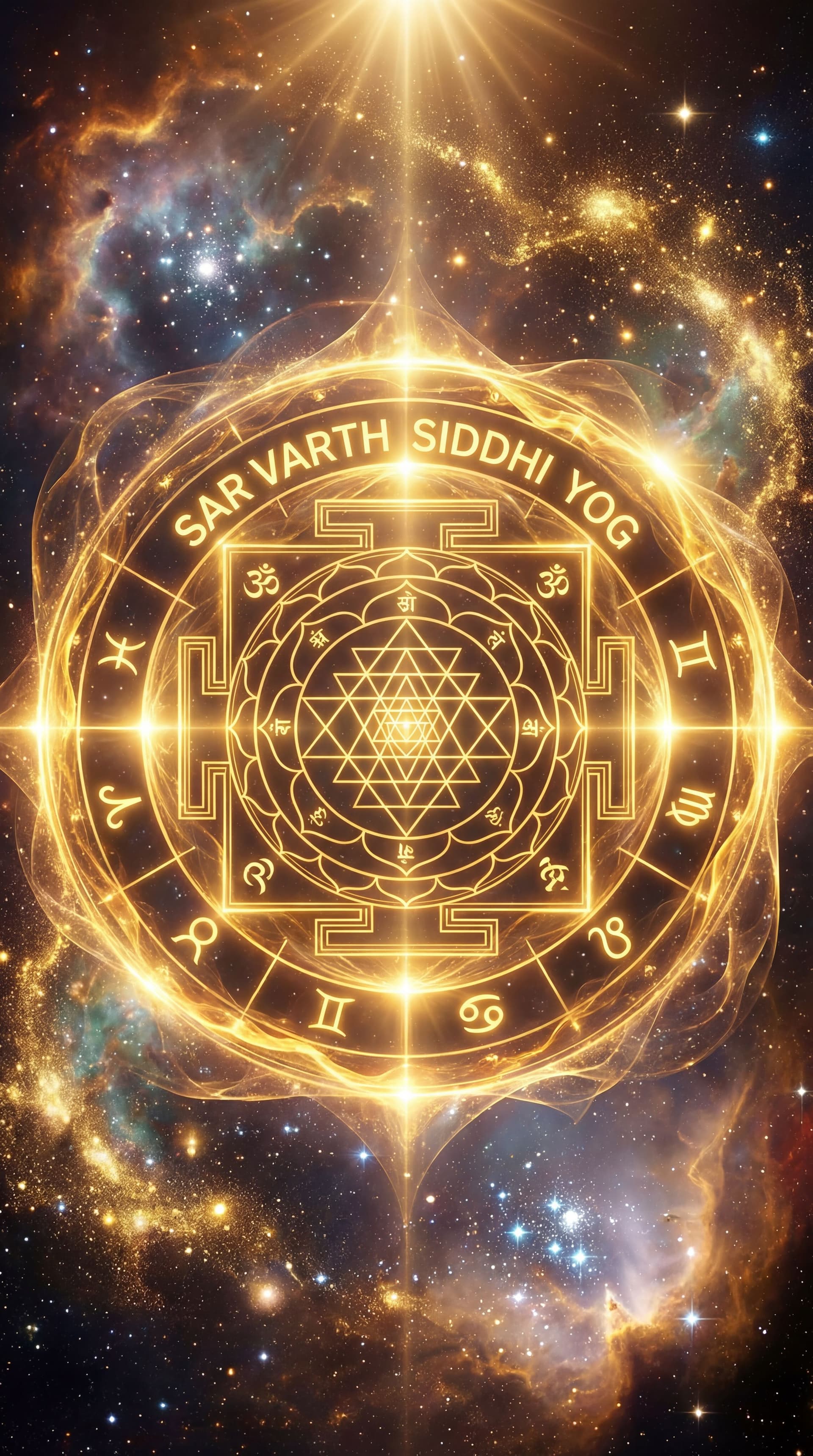 AI generated: Astrology chart glowing bright gold, Sanskrit symbols spinning, text “Sarvarth Siddhi Yog”, cosmic e...