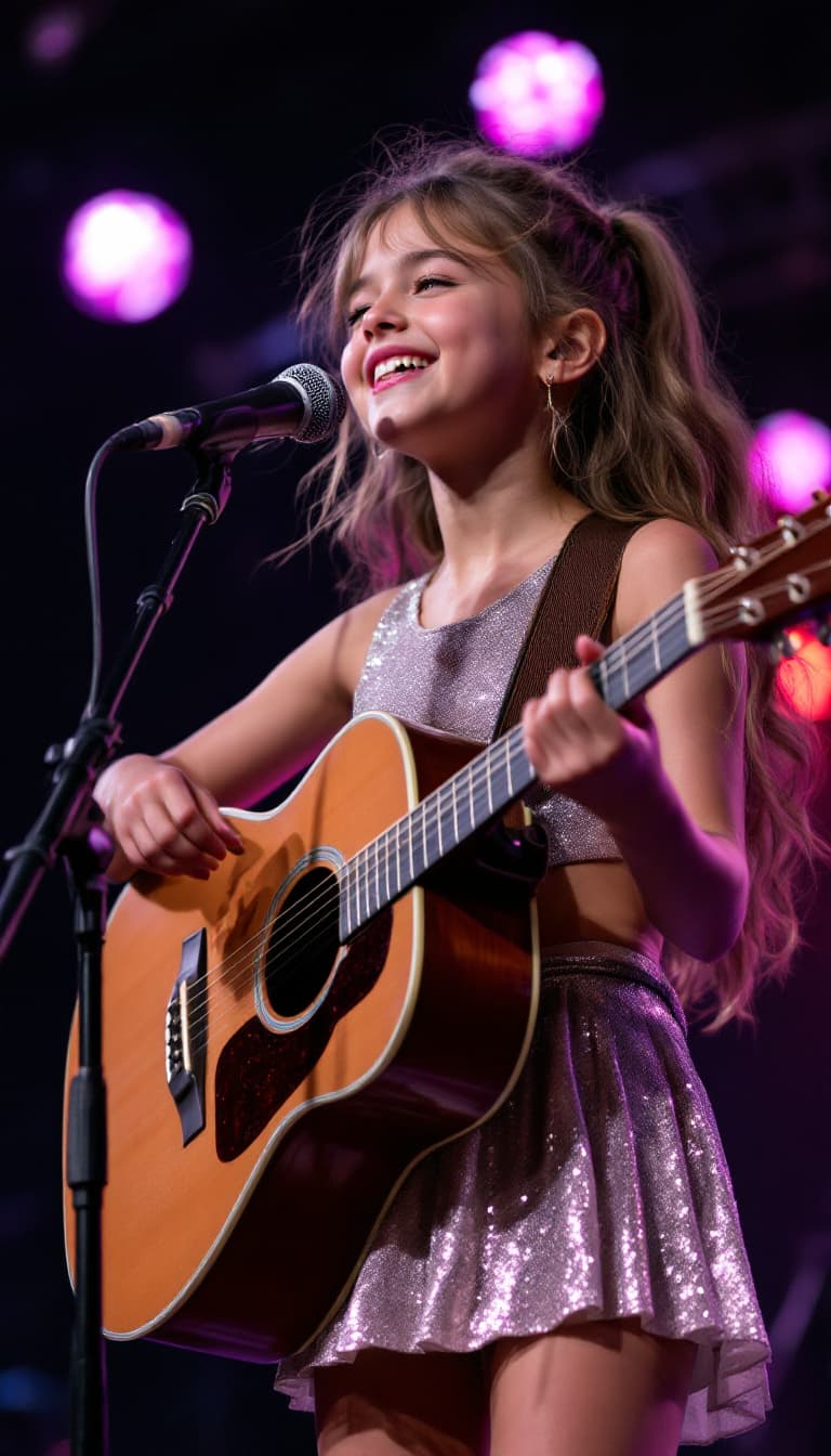 AI generated: A sweet-faced girl with a radiant smile, shiny silver top and short glittery skirt, strumming her ac...