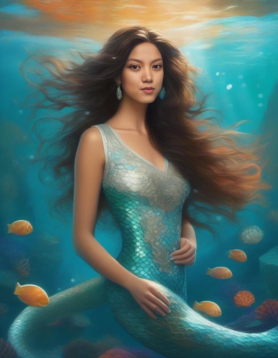 AI generated: A serene mermaid with shimmering turquoise and silver pearl scales detailed with vibrant seashells i...
