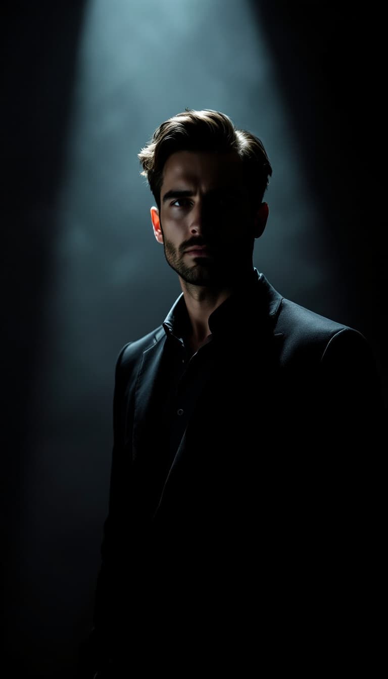 AI generated: A man European nationality, 30 years old  in a dark suit, standing in dramatic lighting, mysterious ...