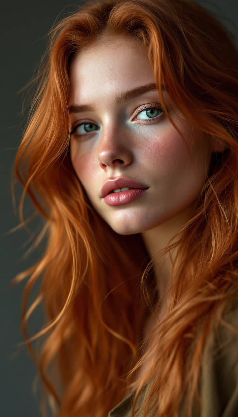 AI generated: A close-up portrait of a 22 year old, Leith, fit red head model captured with a Sony A1 26mm prime l...