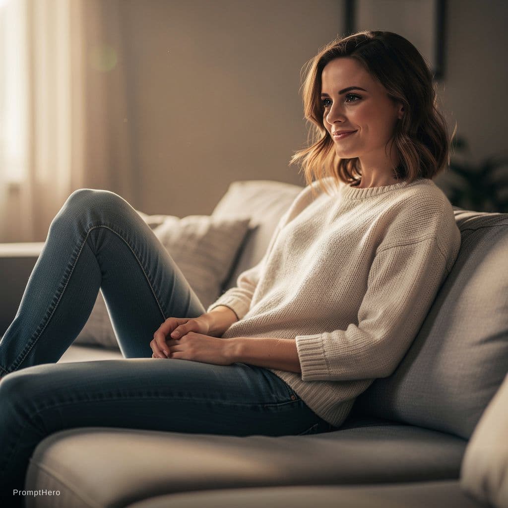 AI generated: Emma Watson sitting down legs spread