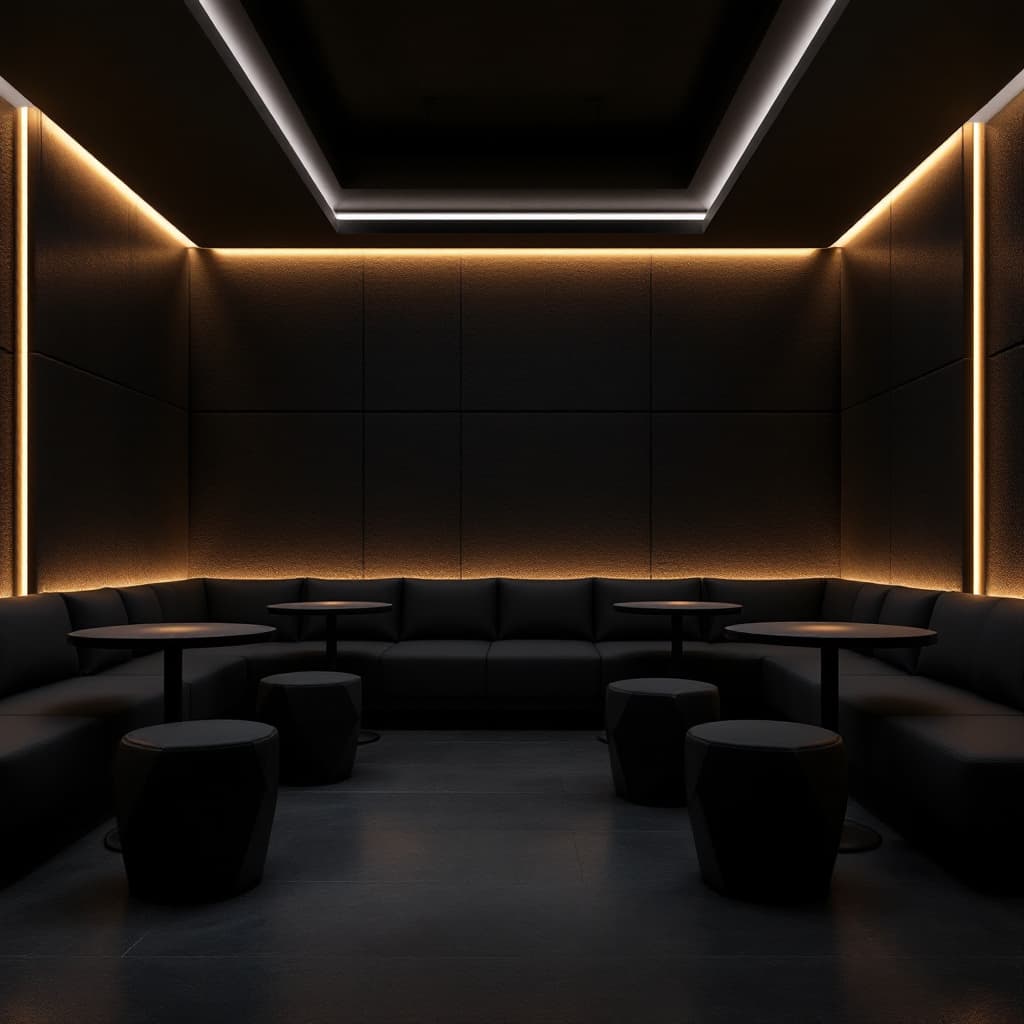 AI generated: visualize a sleek lounge area with dark, textured walls and recessed linear lighting, furniture cons...