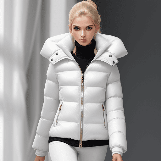 AI generated: girl model Lightweight down jacket white Color O-silhouette cocoon slim fit or fitted lamé topstitch...