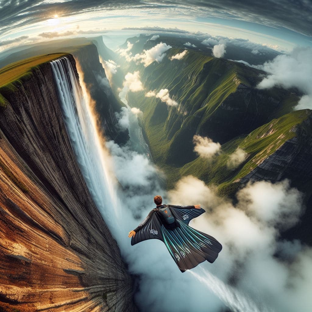 AI generated: Man in a wingsuit diving jetlike past a huge cliff, spectacular and thrilling view, ultra wide angle...