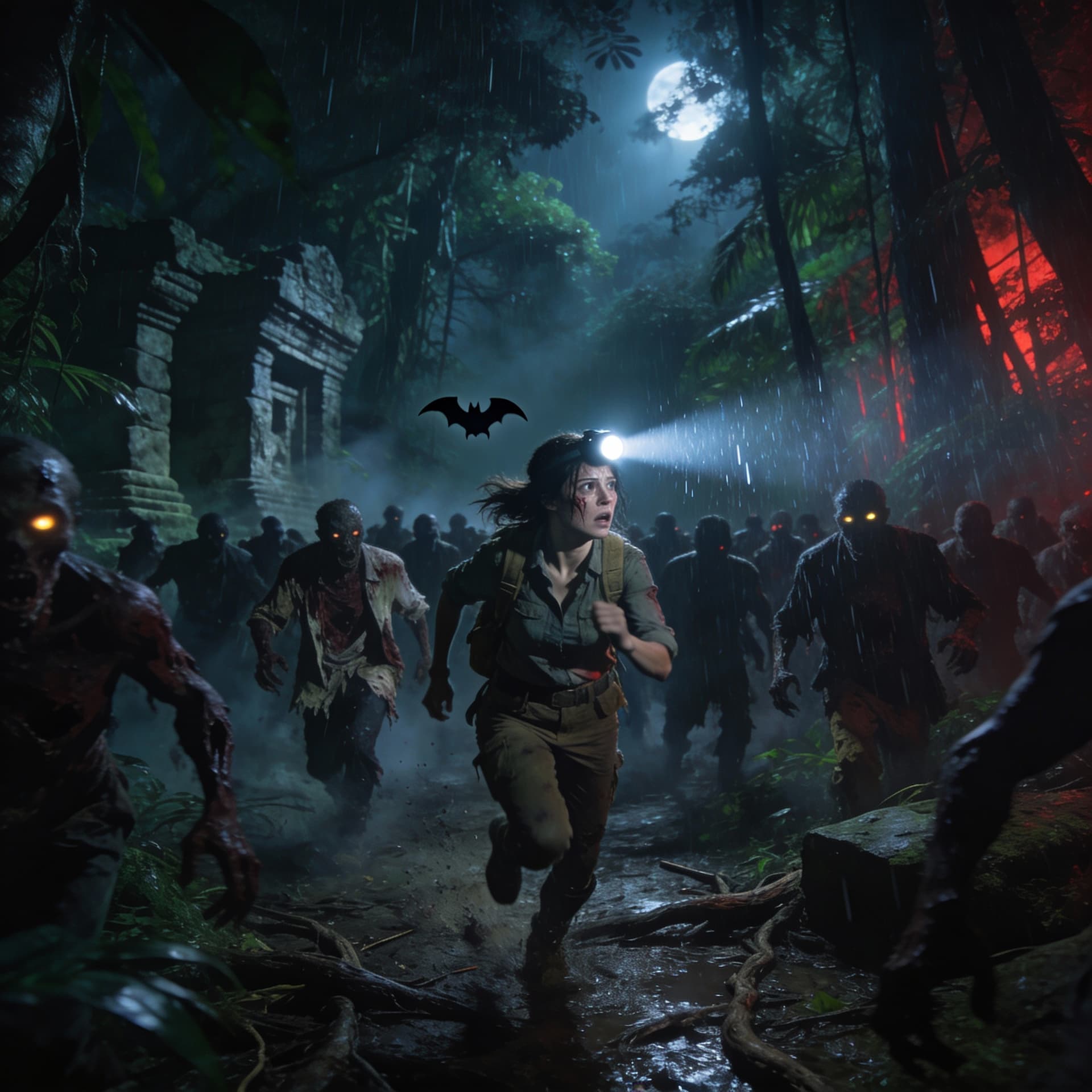 AI generated: A terrified female archaeologist running through a dense jungle at night, chased by an army of hundr...